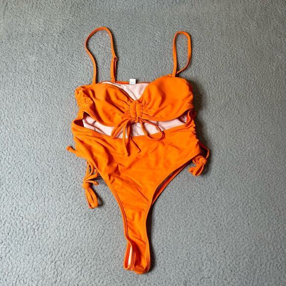 Swimwear Womens M Orange Cut Out Spaghetti Strap One Piece Swimsuit NEW - Picture 1 of 8